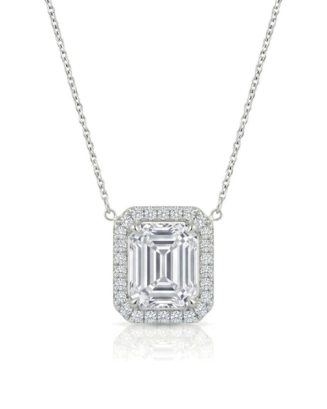 AUREX Halo Emerald Cut necklace setting in white metal with round diamond halo, front view | SARATTI Fine Jewelry