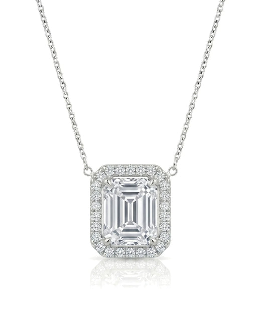 AUREX Halo Emerald Cut necklace setting in white metal with round diamond halo, front view | SARATTI Fine Jewelry