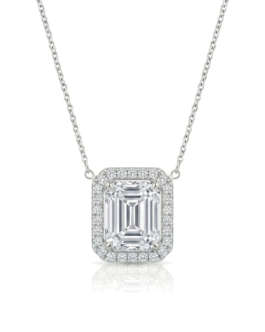 AUREX Halo Emerald Cut necklace setting in white metal with round diamond halo, front view | SARATTI Fine Jewelry