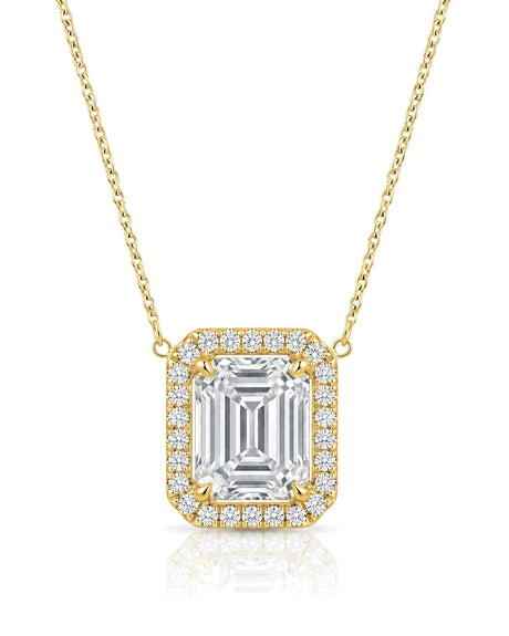 AUREX Halo Emerald Cut necklace setting in yellow gold with round diamond halo, front view | SARATTI Fine Jewelry