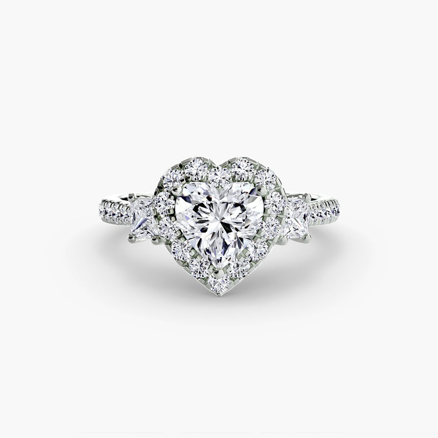 AUREX HALO Heart Cut Three-Stone Halo Diamond Ring Setting in 950 Platinum | SARATTI
