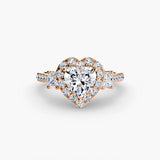 AUREX HALO Heart Cut Three-Stone Halo Diamond Ring Setting in Rose Gold | SARATTI