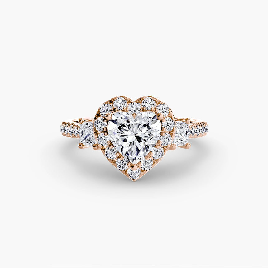 AUREX HALO Heart Cut Three-Stone Halo Diamond Ring Setting in Rose Gold | SARATTI