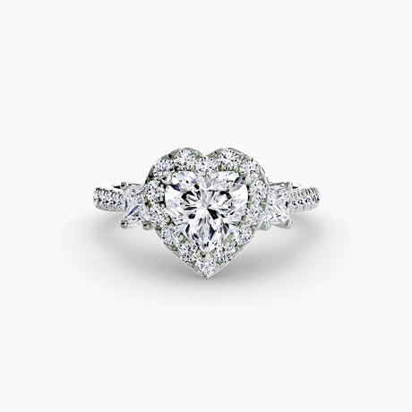 AUREX HALO Heart Cut Three-Stone Halo Diamond Ring Setting in White Gold | SARATTI