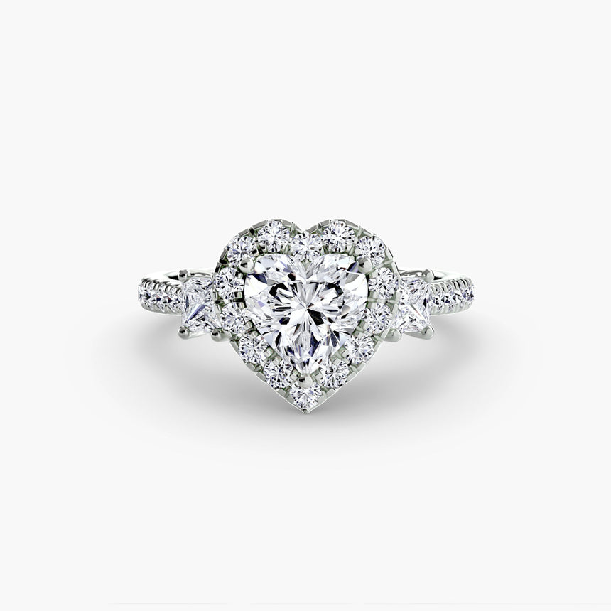 AUREX HALO Heart Cut Three-Stone Halo Diamond Ring Setting in White Gold | SARATTI