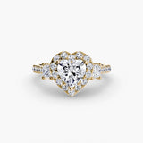 AUREX HALO Heart Cut Three-Stone Halo Diamond Ring Setting in Yellow Gold | SARATTI