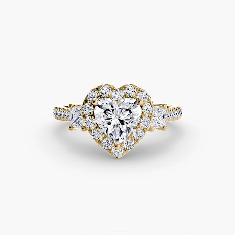 AUREX HALO Heart Cut Three-Stone Halo Diamond Ring Setting in Yellow Gold | SARATTI