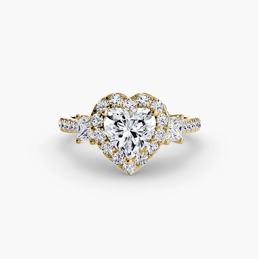 AUREX HALO Heart Cut Three-Stone Halo Diamond Ring Setting in Yellow Gold | SARATTI