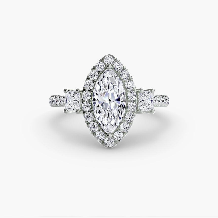 AUREX HALO – Marquise Cut Three-Stone Halo Diamond Ring Setting in 950 Platinum | SARATTI