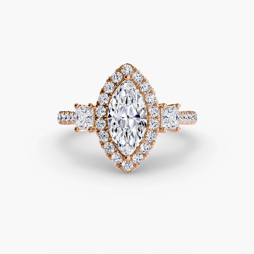 AUREX HALO – Marquise Cut Three-Stone Halo Diamond Ring Setting in Rose Gold | SARATTI