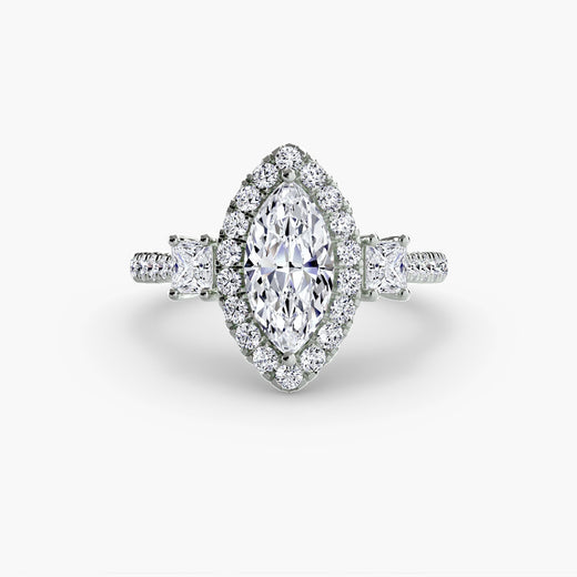 AUREX HALO – Marquise Cut Three-Stone Halo Diamond Ring Setting in White Gold | SARATTI