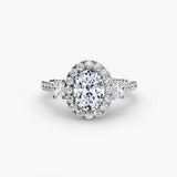 AUREX HALO Oval Cut three-stone halo diamond ring setting in 950 Platinum | SARATTI