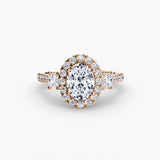 AUREX HALO Oval Cut three-stone halo diamond ring setting in Rose Gold | SARATTI