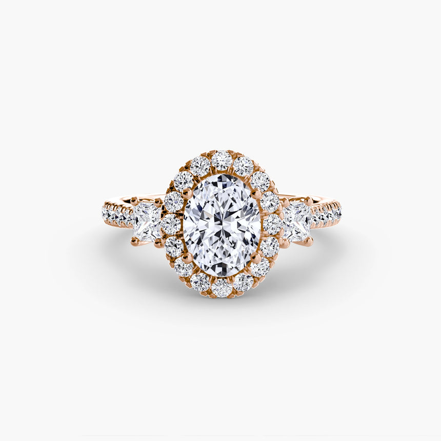 AUREX HALO Oval Cut three-stone halo diamond ring setting in Rose Gold | SARATTI