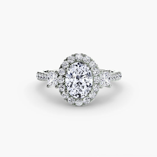 AUREX HALO Oval Cut three-stone halo diamond ring setting in White Gold | SARATTI