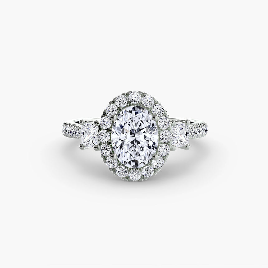 AUREX HALO Oval Cut three-stone halo diamond ring setting in White Gold | SARATTI