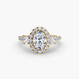 AUREX HALO Oval Cut three-stone halo diamond ring setting in Yellow Gold | SARATTI