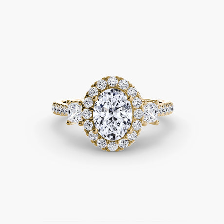 AUREX HALO Oval Cut three-stone halo diamond ring setting in Yellow Gold | SARATTI
