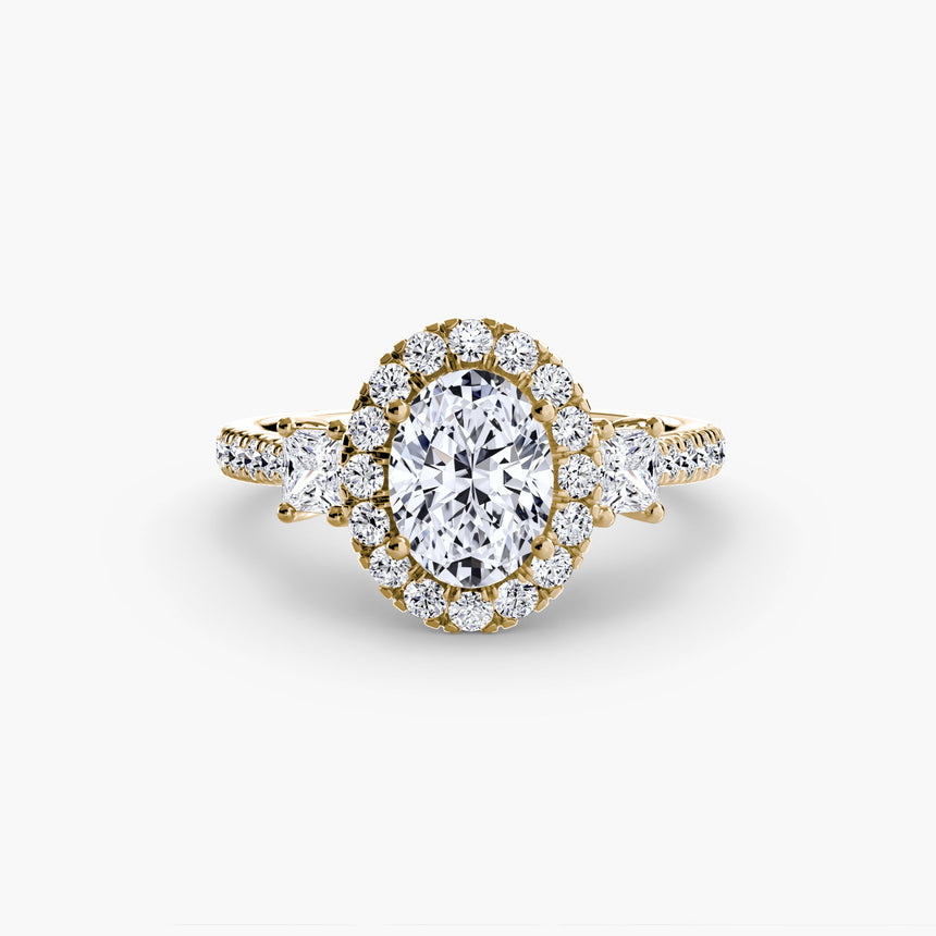 AUREX HALO Oval Cut three-stone halo diamond ring setting in Yellow Gold | SARATTI