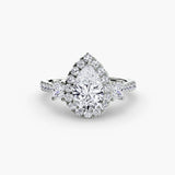 AUREX HALO – Pear Cut Three-Stone Halo Diamond Ring Setting in 950 Platinum | SARATTI