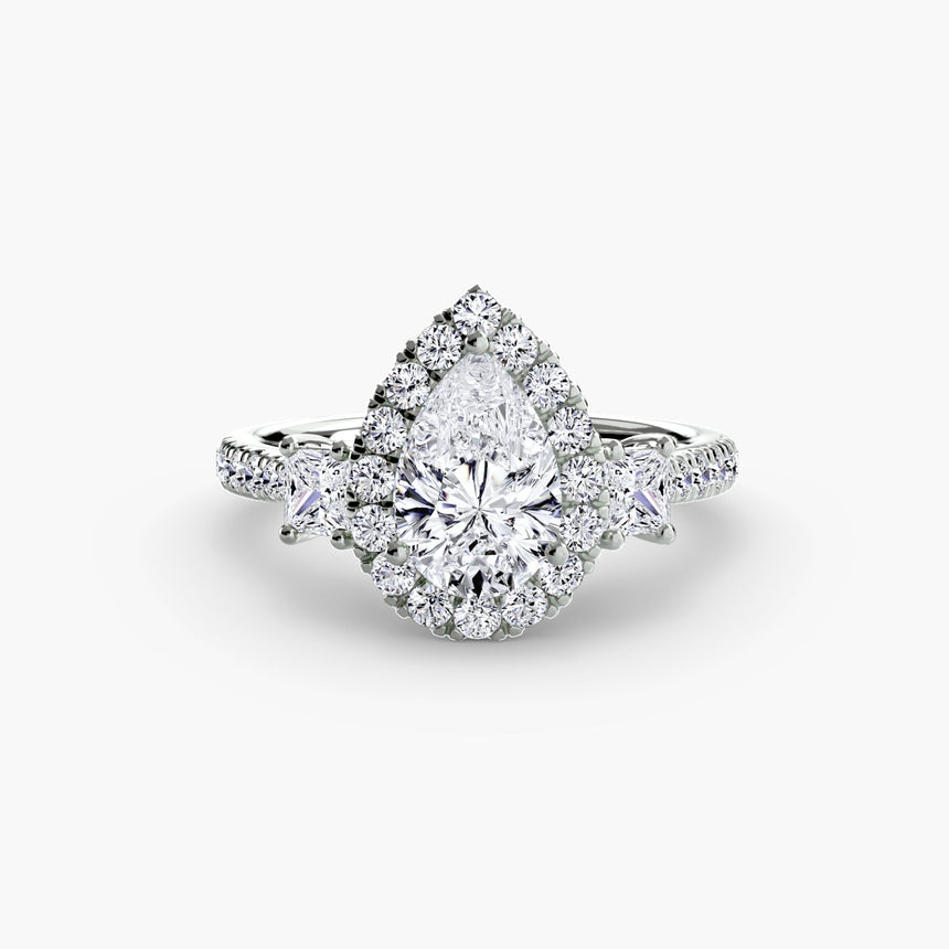 AUREX HALO – Pear Cut Three-Stone Halo Diamond Ring Setting in 950 Platinum | SARATTI