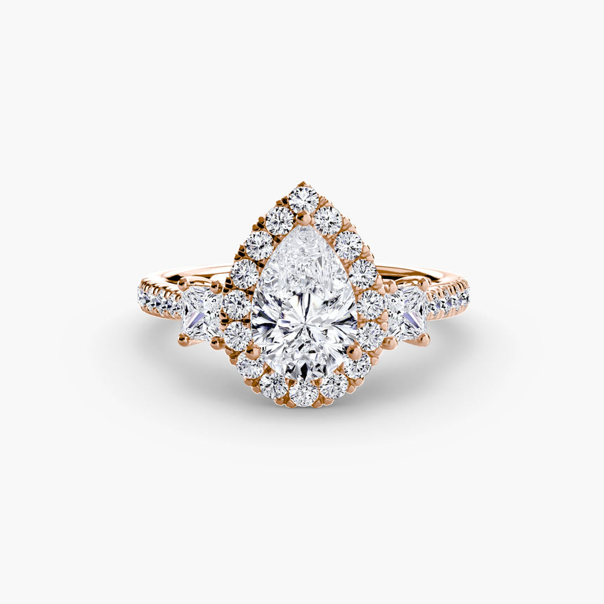 AUREX HALO – Pear Cut Three-Stone Halo Diamond Ring Setting in Rose Gold | SARATTI