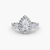 AUREX HALO – Pear Cut Three-Stone Halo Diamond Ring Setting in White Gold | SARATTI