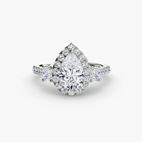 AUREX HALO – Pear Cut Three-Stone Halo Diamond Ring Setting in White Gold | SARATTI