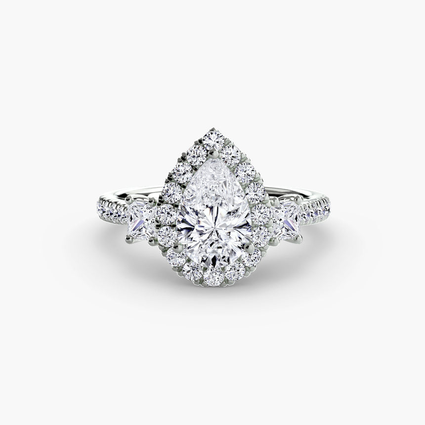 AUREX HALO – Pear Cut Three-Stone Halo Diamond Ring Setting in White Gold | SARATTI