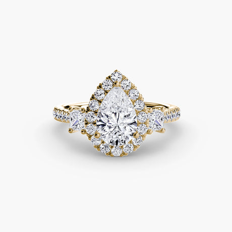 AUREX HALO – Pear Cut Three-Stone Halo Diamond Ring Setting in Yellow Gold | SARATTI