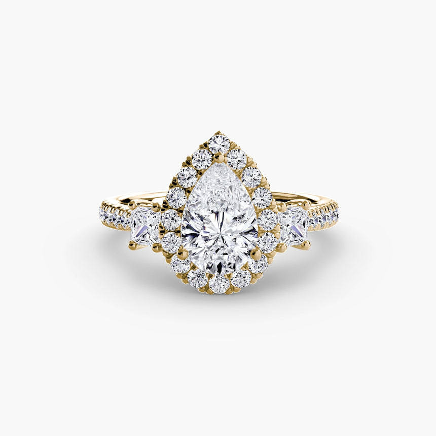 AUREX HALO – Pear Cut Three-Stone Halo Diamond Ring Setting in Yellow Gold | SARATTI