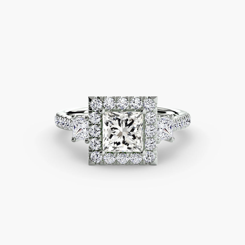 AUREX HALO – Princess Cut Three-Stone Halo Diamond Ring Setting in 950 Platinum | SARATTI