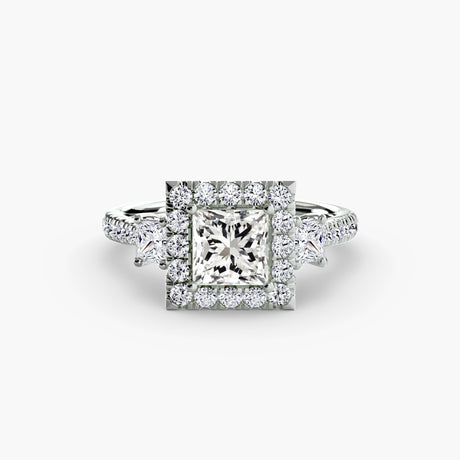 AUREX HALO – Princess Cut Three-Stone Halo Diamond Ring Setting in White Gold | SARATTI