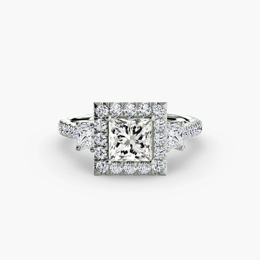 AUREX HALO – Princess Cut Three-Stone Halo Diamond Ring Setting in White Gold | SARATTI