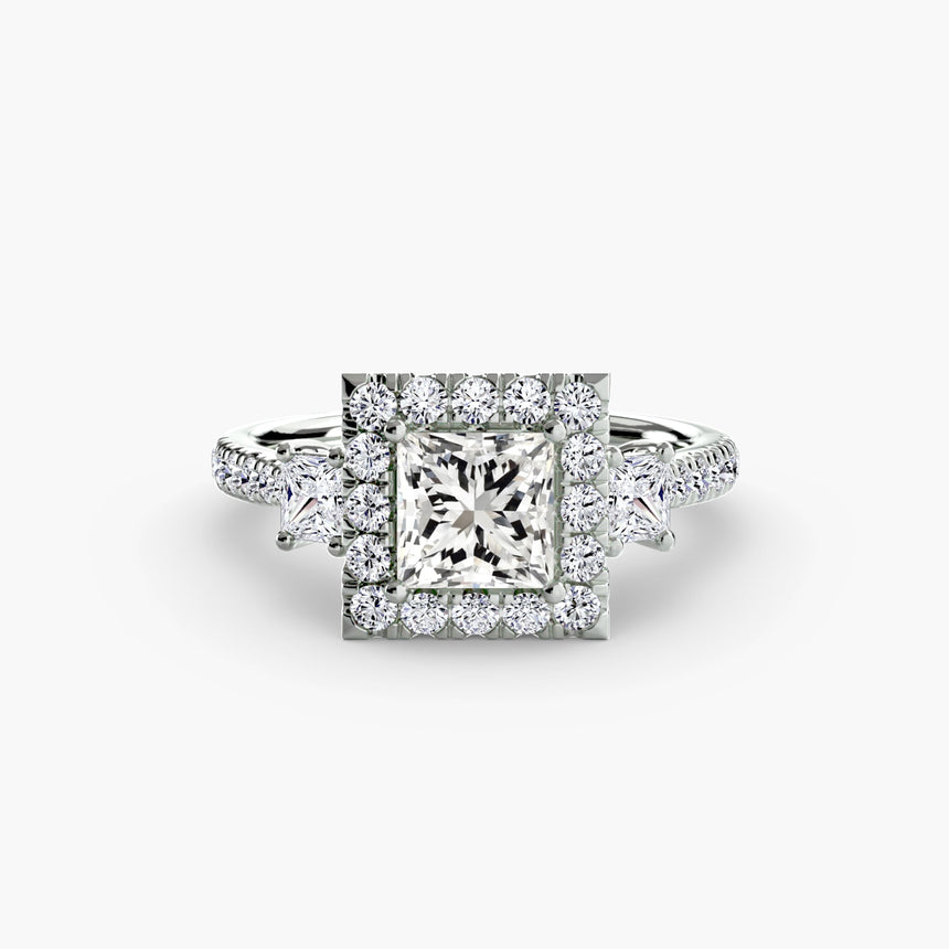 AUREX HALO – Princess Cut Three-Stone Halo Diamond Ring Setting in White Gold | SARATTI