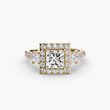 AUREX HALO – Princess Cut Three-Stone Halo Diamond Ring Setting in Yellow Gold | SARATTI