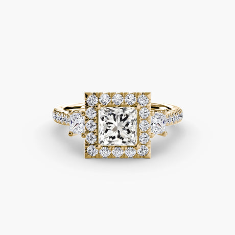 AUREX HALO – Princess Cut Three-Stone Halo Diamond Ring Setting in Yellow Gold | SARATTI