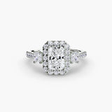 AUREX HALO Radiant Cut Three-Stone Halo Diamond Ring Setting in 950 Platinum | SARATTI