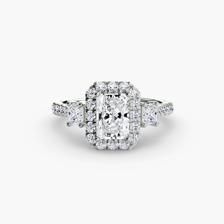 AUREX HALO Radiant Cut Three-Stone Halo Diamond Ring Setting in 950 Platinum | SARATTI