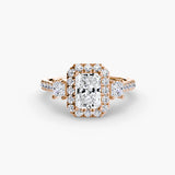 AUREX HALO Radiant Cut Three-Stone Halo Diamond Ring Setting in Rose Gold | SARATTI