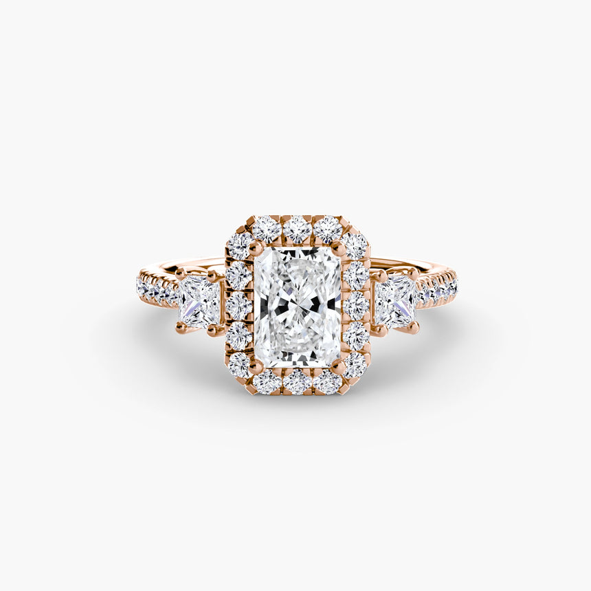 AUREX HALO Radiant Cut Three-Stone Halo Diamond Ring Setting in Rose Gold | SARATTI