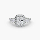 AUREX HALO Radiant Cut Three-Stone Halo Diamond Ring Setting in White Gold | SARATTI