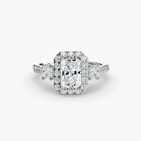 AUREX HALO Radiant Cut Three-Stone Halo Diamond Ring Setting in White Gold | SARATTI