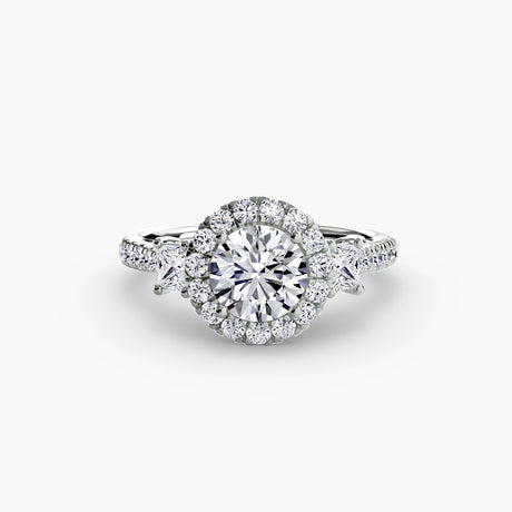 AUREX HALO – Round Cut Three-Stone Halo Diamond Ring Setting in White Gold | SARATTI
