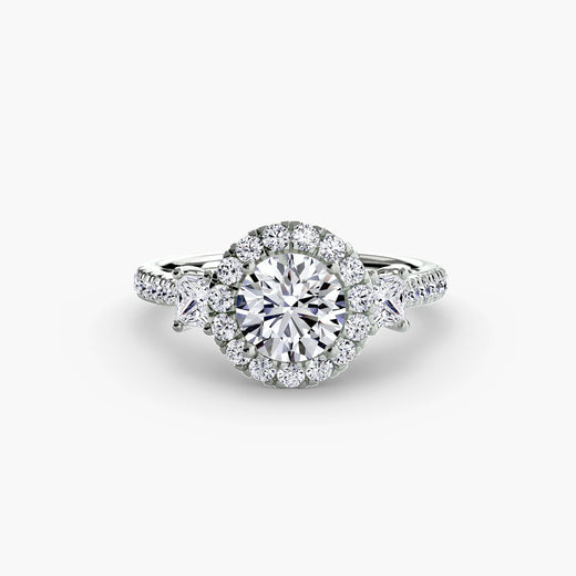 AUREX HALO – Round Cut Three-Stone Halo Diamond Ring Setting in White Gold | SARATTI