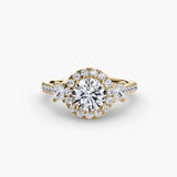 AUREX HALO – Round Cut Three-Stone Halo Diamond Ring Setting in Yellow Gold | SARATTI