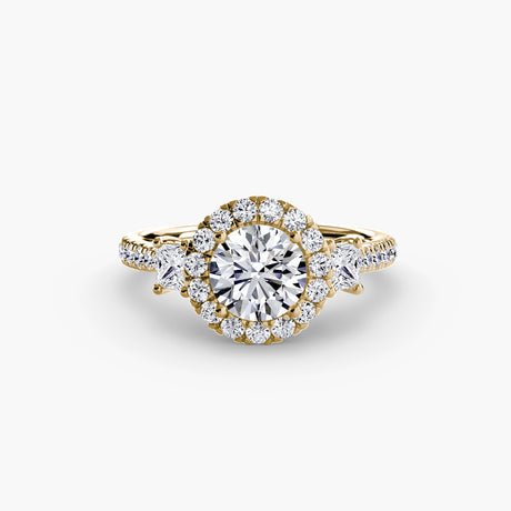AUREX HALO – Round Cut Three-Stone Halo Diamond Ring Setting in Yellow Gold | SARATTI