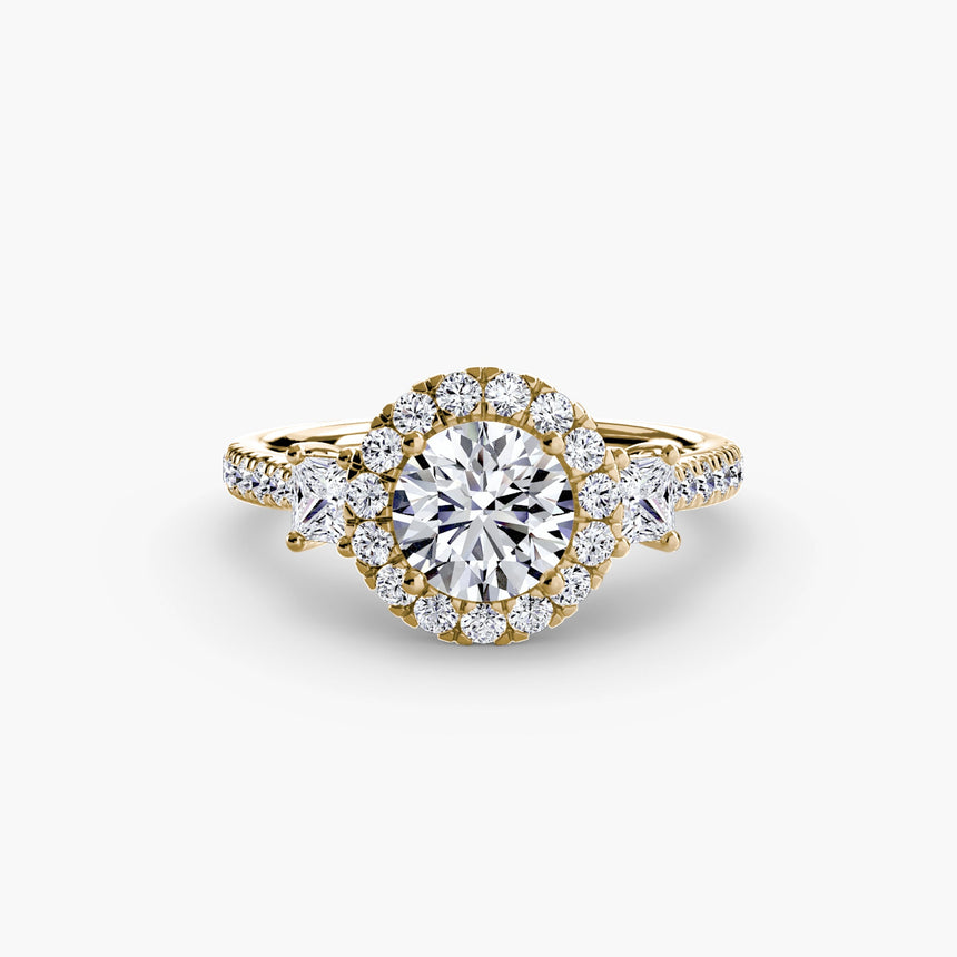 AUREX HALO – Round Cut Three-Stone Halo Diamond Ring Setting in Yellow Gold | SARATTI