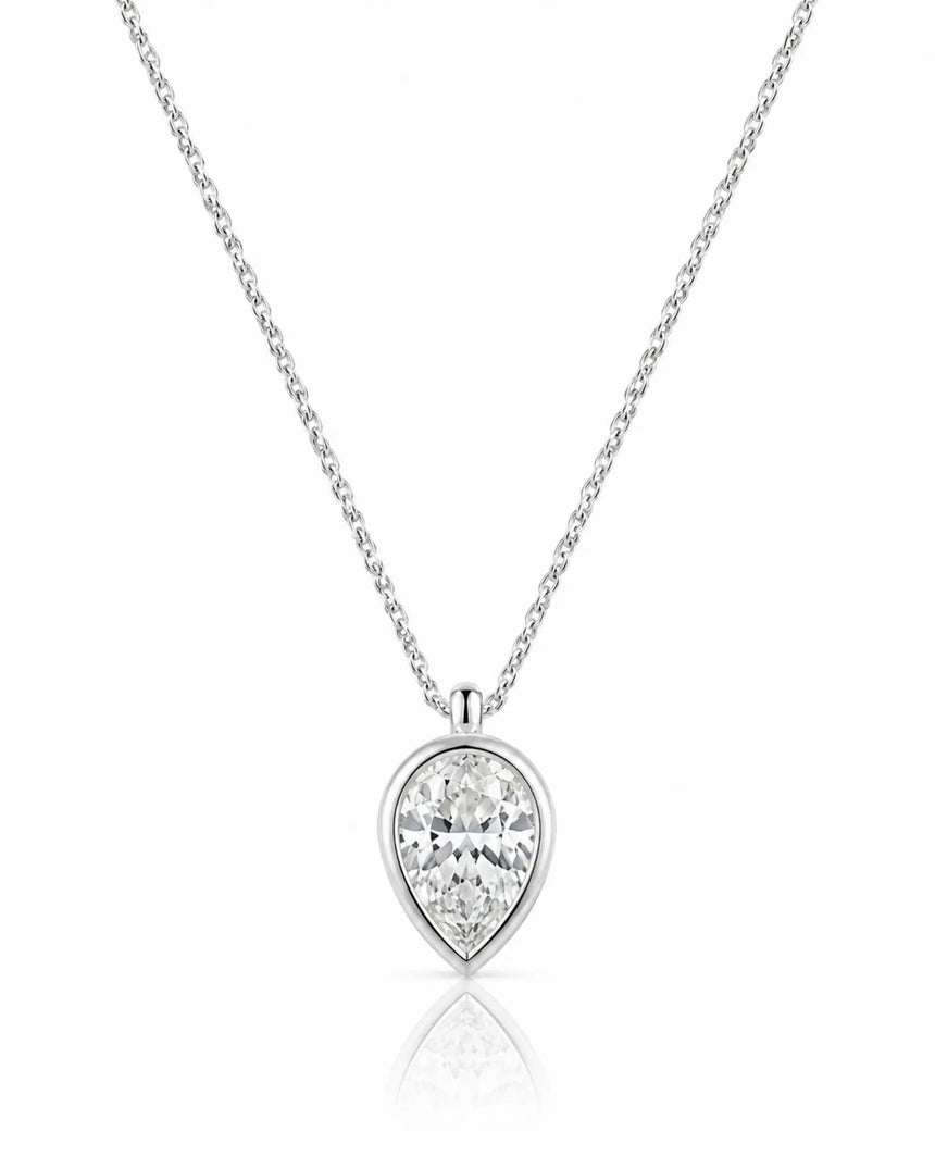 AUREX Pear Cut bezel necklace setting in white gold | SARATTI