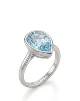 AUREX pear cut Aquamarine bezel solitaire ring setting in Platinum, 45-degree view | SARATTI